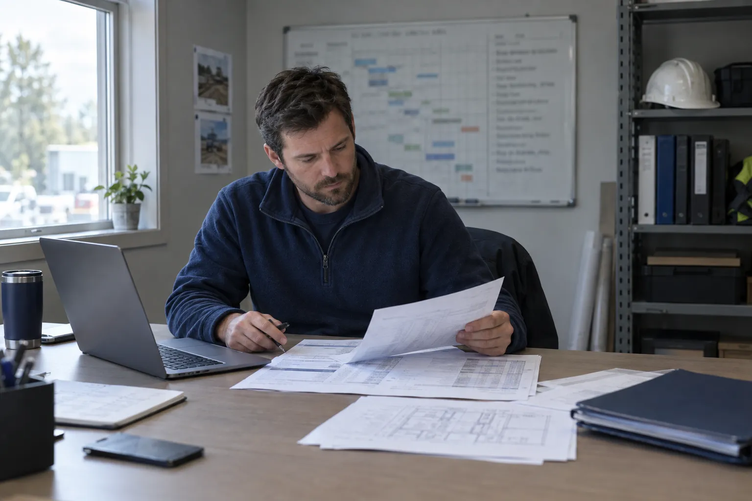 A project manager reviewing printed estimates at a desk with a job schedule board behind him