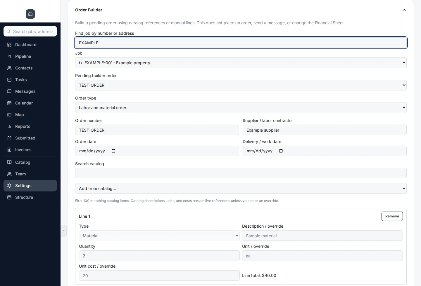The TrussLE order builder, with labor and material lines and an order total